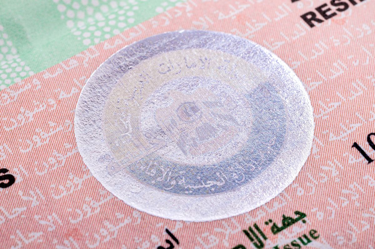 Close-up of a UAE residency visa sticker